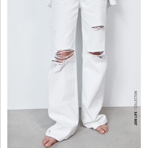 ZARA | (NWT) WHITE DISTRESSED WIDE LEG Z1975 FULL LENGTH RIPPED JEANS STRAIGHT - Picture 7 of 16